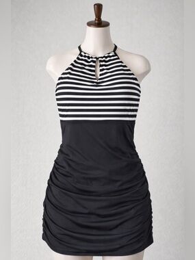 Aqua Rose Black White Stripe Swim Dress Tummy Control One Piece Size L